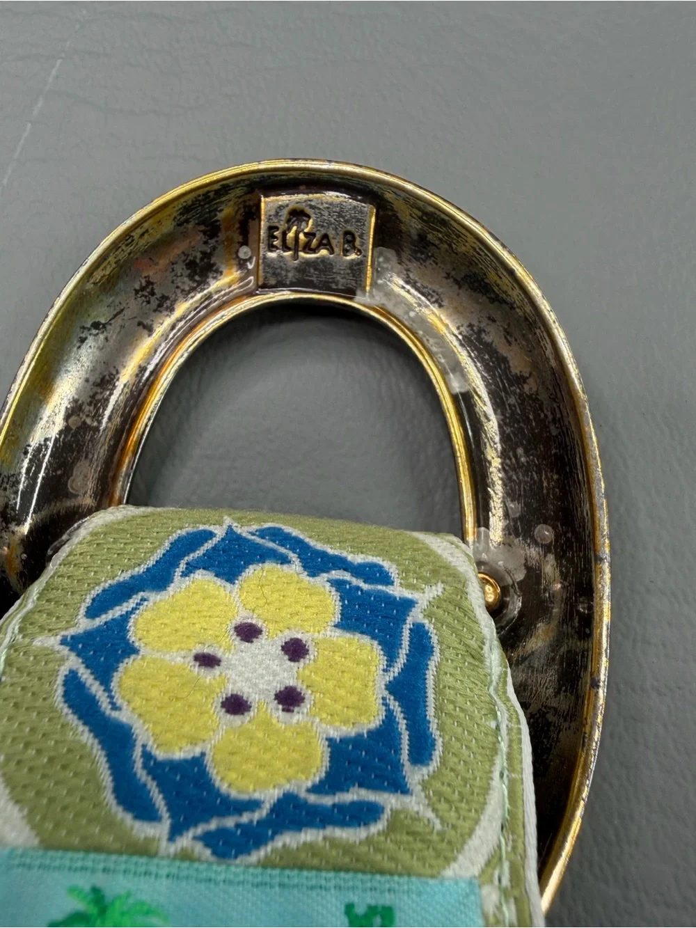 Eliza B vintage able. XL. Olive Green Floral Woven Ribbon Belt with Metal Ring